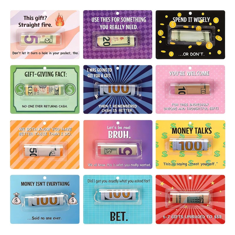 Tinlade 12 Pcs Funny Cash Gift Cards Money Holder Ornaments for Gifting Cash Checks Variety Fund Designs with Plastic Cover and Adhesive Birthday Holiday Gag Gifts for Men Women(Phrases Collage Style) - Image 1