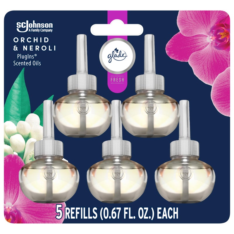 Glade PlugIns Refills Air Freshener, Scented and Essential Oils for Home and Bathroom, Orchid & Neroli, Fresh Collection 3.35 Fl Oz, 5 Count - Image 1