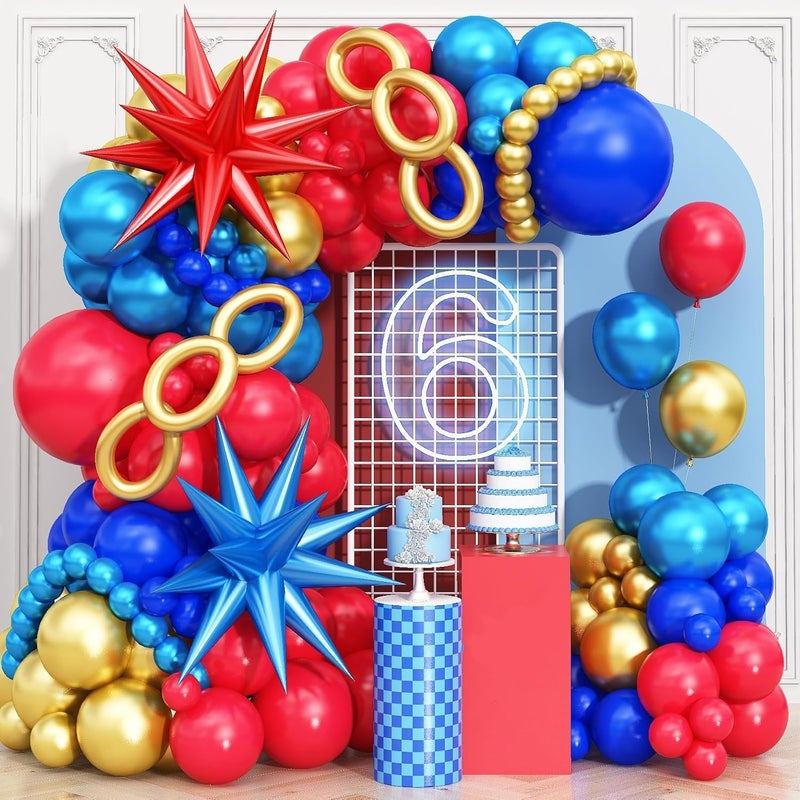 Isndare Red Blue Gold Balloons Arch Royal Blue Red Gold Balloons Garland Metallic Blue Gold Latex Balloons with Explosion Star Foil Balloon Gold Long Balloons for Birthday Party Decorations Superhero Circus - Image 3