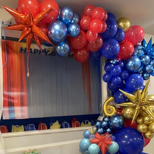 Isndare Red Blue Gold Balloons Arch Royal Blue Red Gold Balloons Garland Metallic Blue Gold Latex Balloons with Explosion Star Foil Balloon Gold Long Balloons for Birthday Party Decorations Superhero Circus - Image 5