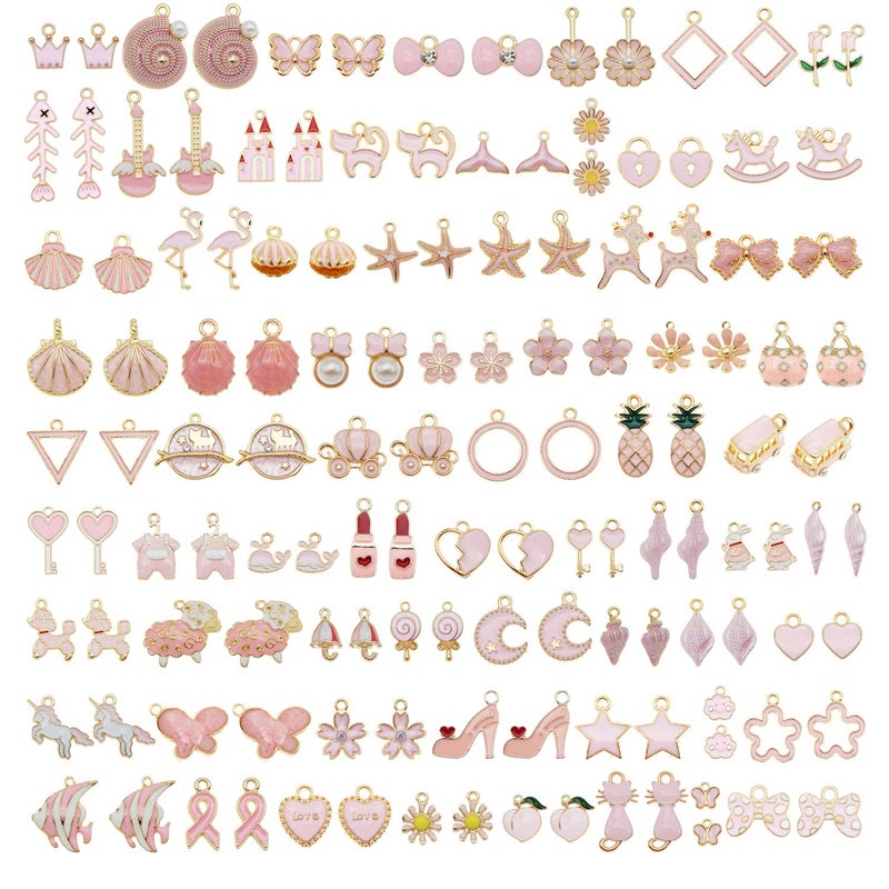 JJG Wholesales 80pcs(40PAIRS) Assorted Gold Tone PINK Theme Enamel Dainty Dangle Pendants Charms for Earrings Jewelry Making Necklace Bracelet Craft Findings - Image 1