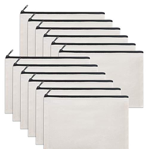 Sinzip 12 Pieces White Cotton Canvas Makeup Bag, Multipurpose Cosmetic Bag with Zipper Travel Toiletry Pouch, Blank DIY Craft Bag (White, M) - Image 1