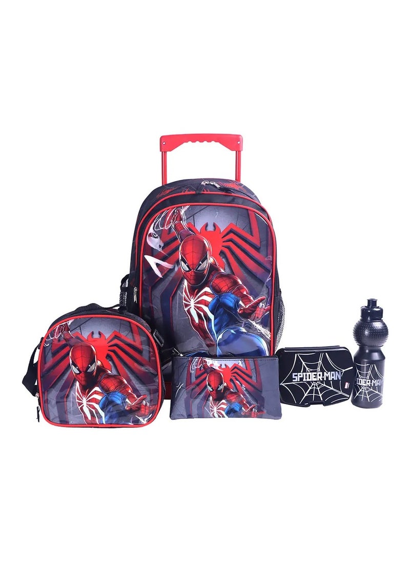 SPIDERMAN Spider-Man School Set of 5: Retractable Trolley Backpack with BPA-Free Water Bottle, Lunch Box, Lunch Bag & Pencil Case  - Image 1