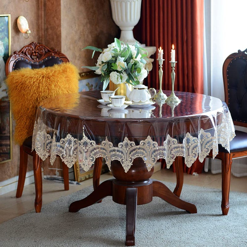 SUTAVIA Round Clear Vinyl lace Tablecloth 100 Oil Proof Waterproof Spill Proof Transparent PVC Table Protector Heavy Plastic Table Cover Champagne60 Round