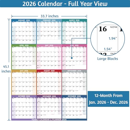 BowCuk Yearly Wall Calendar 2026 - Large Yearly Calendar 2026 Vetical, Jan 2026 - Dec 2026, 33.7" x 45.1" (Open), 2026 Calendar, Large Wall Calendar 2026, Full Year Paper Calendar with Notes, Thicker Paper, Multi2 - Image 4