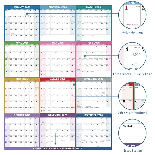 BowCuk Yearly Wall Calendar 2026 - Large Yearly Calendar 2026 Vetical, Jan 2026 - Dec 2026, 33.7" x 45.1" (Open), 2026 Calendar, Large Wall Calendar 2026, Full Year Paper Calendar with Notes, Thicker Paper, Multi2 - Image 3