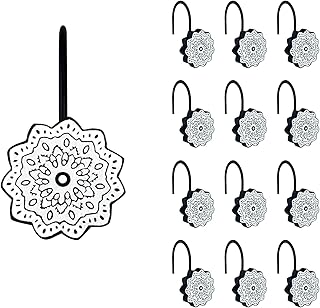 Sunlit Boho Decorative Shower Curtain Hooks, Medallion BlackÃ‚Â andÃ‚Â White Shower Curtain Rings, Resin, Bathroom - Image 1