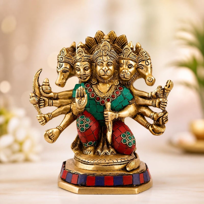 ARTVARKO Brass God Lord Panchmukhi Hanuman Bajrangbali Bhagwan Sitting Color Idol Religious Home Décor Office Mandir Murti Puja Height 7 Inches - Image 5