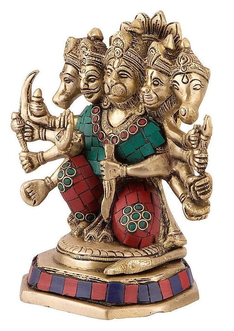 ARTVARKO Brass God Lord Panchmukhi Hanuman Bajrangbali Bhagwan Sitting Color Idol Religious Home Décor Office Mandir Murti Puja Height 7 Inches - Image 3