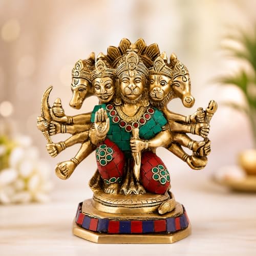ARTVARKO Brass God Lord Panchmukhi Hanuman Bajrangbali Bhagwan Sitting Color Idol Religious Home Décor Office Mandir Murti Puja Height 7 Inches - Image 1