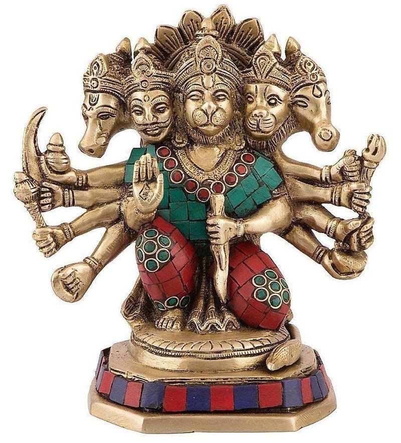 ARTVARKO Brass God Lord Panchmukhi Hanuman Bajrangbali Bhagwan Sitting Color Idol Religious Home Décor Office Mandir Murti Puja Height 7 Inches - Image 2
