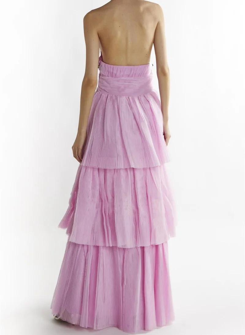 True Decadence Luciana Candy Pink Halter Neck Tiered Maxi Dress