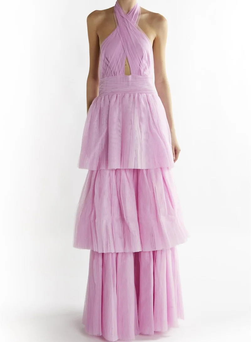 True Decadence Luciana Candy Pink Halter Neck Tiered Maxi Dress