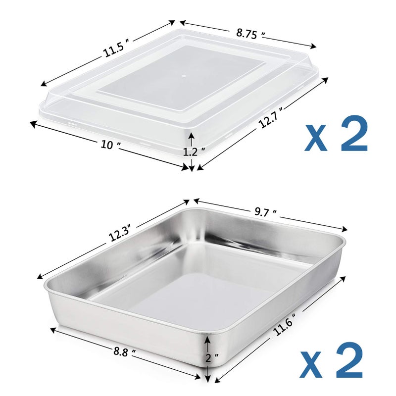P&P CHEF Stainless Steel Baking Pan with Lid, Rectangular Cake Pans, Sheet Pan Bakeware for Baking Lasagna Brownies, 2-Inch Deep Side & Heavy Duty, Easy to Store & Clean (12.3", 4Pcs) - Image 2