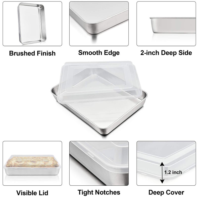 P&P CHEF Stainless Steel Baking Pan with Lid, Rectangular Cake Pans, Sheet Pan Bakeware for Baking Lasagna Brownies, 2-Inch Deep Side & Heavy Duty, Easy to Store & Clean (12.3", 4Pcs) - Image 3