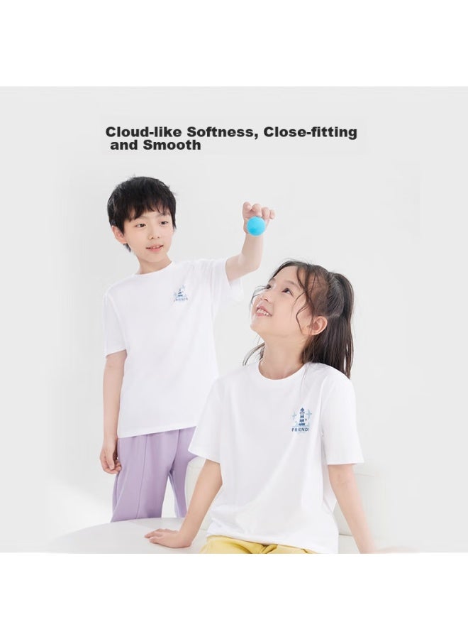 Children's T-shirt For Boys, 5a Antibacterial Xinjiang Cotton Round Neck Top, Boys' Undershirt, Printed, White, Size 120 - Image 3