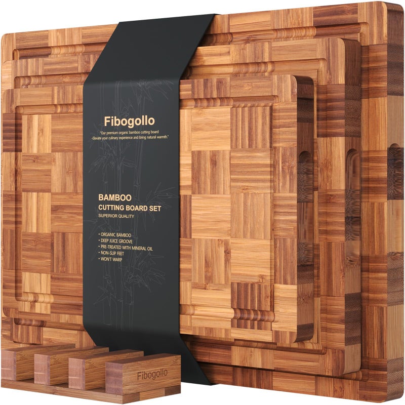 Fibogollo Bamboo Cutting Boards for Kitchen(Set of 3),Chopping Boards with Juice Groove,End Grain Serving Board with Holder,Bamboo Butcher Block for Meat,Vegetables,Fruit - Image 1