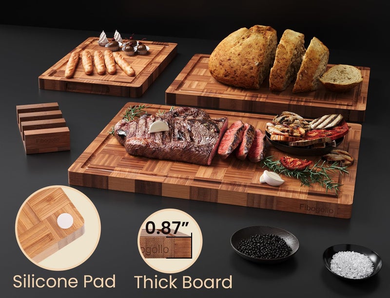 Fibogollo Bamboo Cutting Boards for Kitchen(Set of 3),Chopping Boards with Juice Groove,End Grain Serving Board with Holder,Bamboo Butcher Block for Meat,Vegetables,Fruit - Image 3