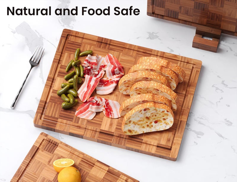 Fibogollo Bamboo Cutting Boards for Kitchen(Set of 3),Chopping Boards with Juice Groove,End Grain Serving Board with Holder,Bamboo Butcher Block for Meat,Vegetables,Fruit - Image 2