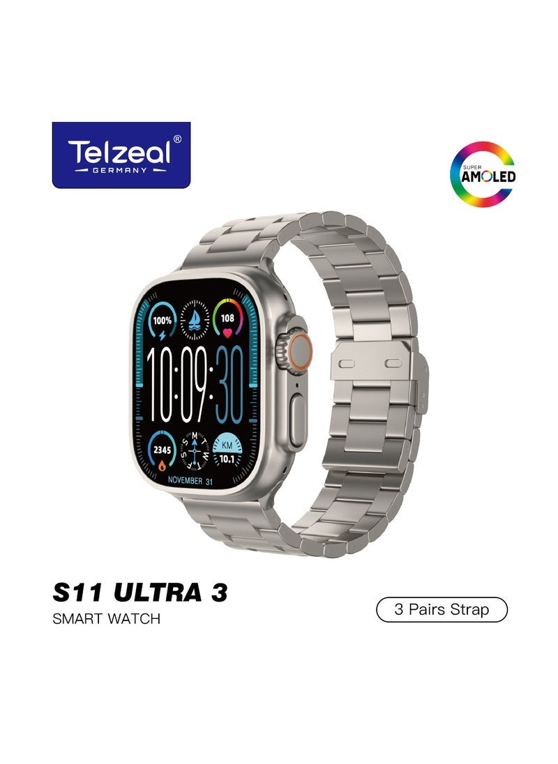 Telzeal S11 Ultra 3 Smart Watch with Super AMOLED Display – Includes 3 Interchangeable Straps for Personalized Style – Advanced Health & Fitness Tracking, Multi-Sport Modes, Long Battery Life, IP68 Waterproof, Compatible with Android & iOS – Stylish and Durable Design  - Image 1