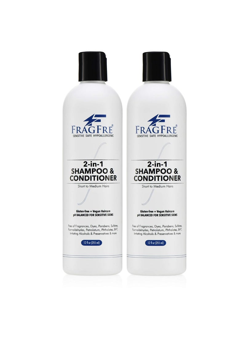 FRAGFRE 2 in 1 Shampoo and Conditioner 12 oz (2-Pack Gift Set) - Fragrance Free Conditioning Shampoo for Short to Medium Hairs - Color Safe - Sulfate Free Cleansing Conditioner for Sensitive Skin 