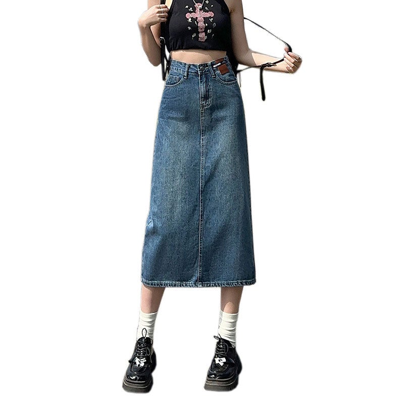 High-Waist Retro Blue Denim A-Line Midi Skirt with Side Slit - Image 5