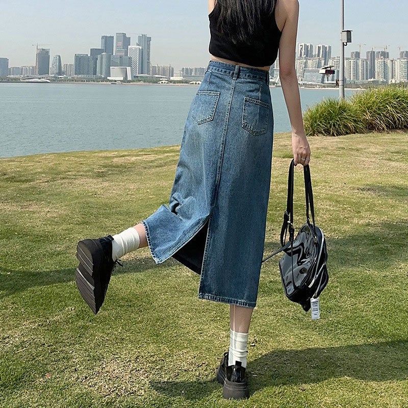 High-Waist Retro Blue Denim A-Line Midi Skirt with Side Slit - Image 4