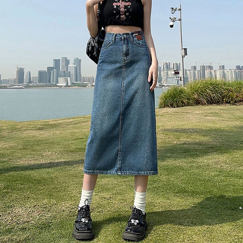 High-Waist Retro Blue Denim A-Line Midi Skirt with Side Slit - Image 2