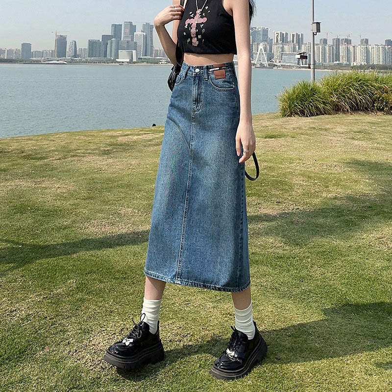 High-Waist Retro Blue Denim A-Line Midi Skirt with Side Slit - Image 1