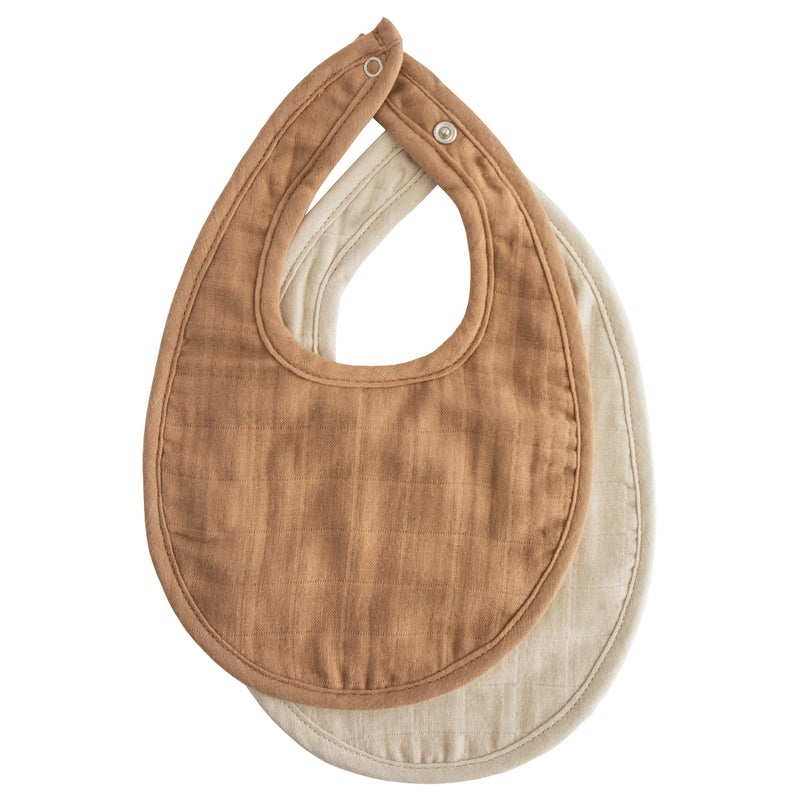 mushie Muslin Baby Bib | Soft Cotton for Infant Drips, Drools & Feedings | Adjustable Fit | 2 Pack (Tan/Fog) - Image 1