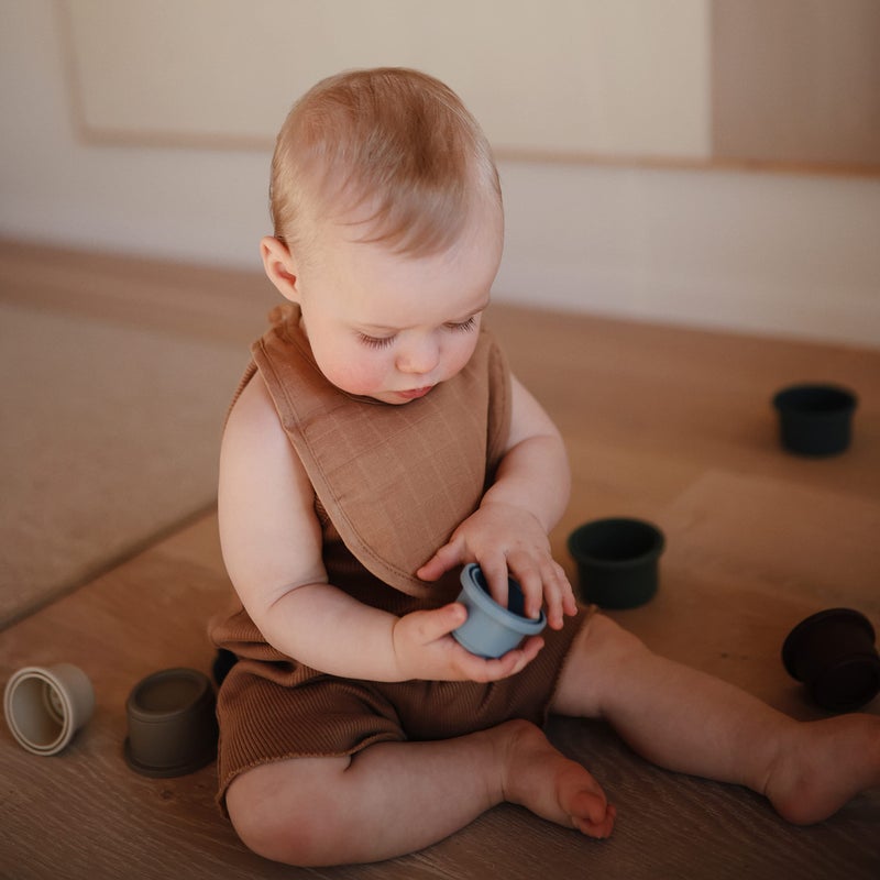 mushie Muslin Baby Bib | Soft Cotton for Infant Drips, Drools & Feedings | Adjustable Fit | 2 Pack (Tan/Fog) - Image 3