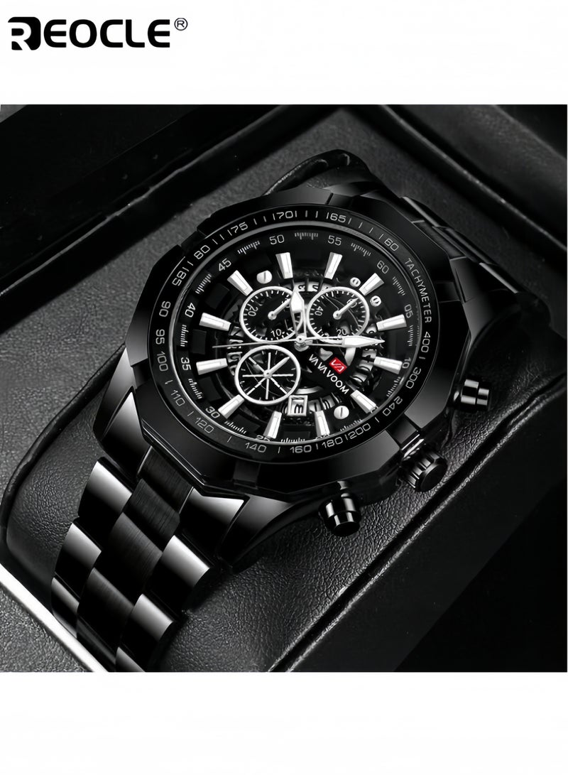 REOCLE Men's Watches with Stainless Steel Strap & Date Function & Daily Waterproof & Chronograph Function Mechanical Skeleton Automatic Wrist Watch - Image 1
