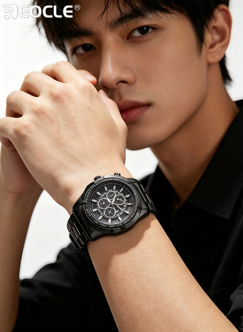 REOCLE Men's Watches with Stainless Steel Strap & Date Function & Daily Waterproof & Chronograph Function Mechanical Skeleton Automatic Wrist Watch - Image 2