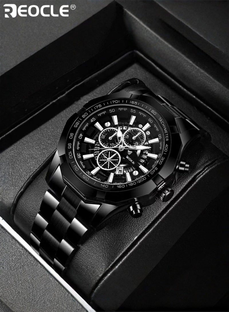 REOCLE Men's Watches with Stainless Steel Strap & Date Function & Daily Waterproof & Chronograph Function Mechanical Skeleton Automatic Wrist Watch - Image 5