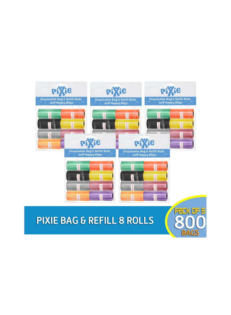 Pixie Bag and Refill 8 Rolls Pack of 5-800 Bags, Baby Nappy bag, Pet waste bag, Scented Diaper bag, Trash bag, Garbage bag, Colorful Plastic bag, sacks - Image 2