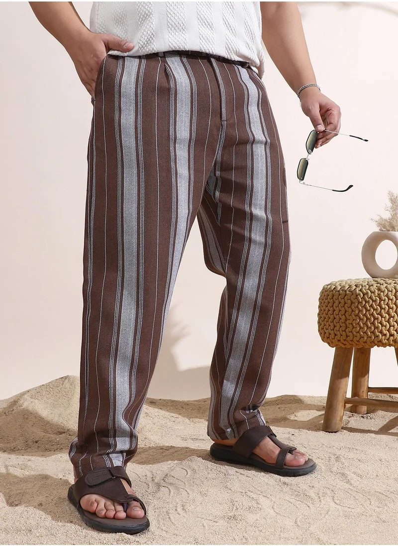 انستافاب بلس Instafab Plus Men's Mocha Brown Multitrack-Weave Cigarette Trousers For Casual Wear | Mid-Rise | Regular Fit | Button Closure | Plus Size Trousers Crafted With Comfort Fit For Everyday Wear