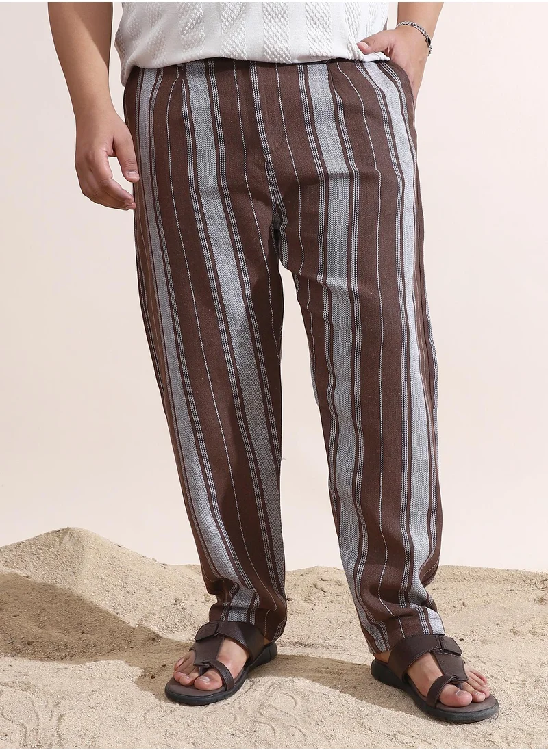 انستافاب بلس Instafab Plus Men's Mocha Brown Multitrack-Weave Cigarette Trousers For Casual Wear | Mid-Rise | Regular Fit | Button Closure | Plus Size Trousers Crafted With Comfort Fit For Everyday Wear