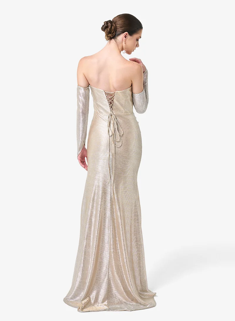 Threadz by Ajooni Off Shoulder Side Slit Long Sleeve Maxi Dress