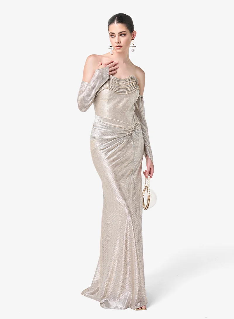 Threadz by Ajooni Off Shoulder Side Slit Long Sleeve Maxi Dress