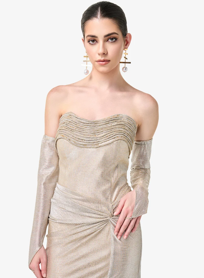 Threadz by Ajooni Off Shoulder Side Slit Long Sleeve Maxi Dress