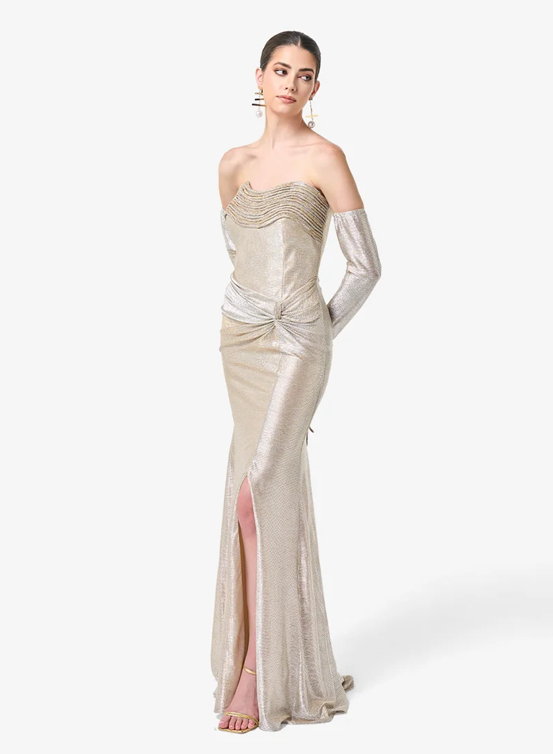 Threadz by Ajooni Off Shoulder Side Slit Long Sleeve Maxi Dress