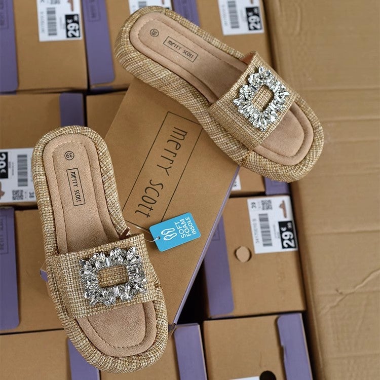 Women's Raffia Slides with Crystal Square Buckle - Image 3