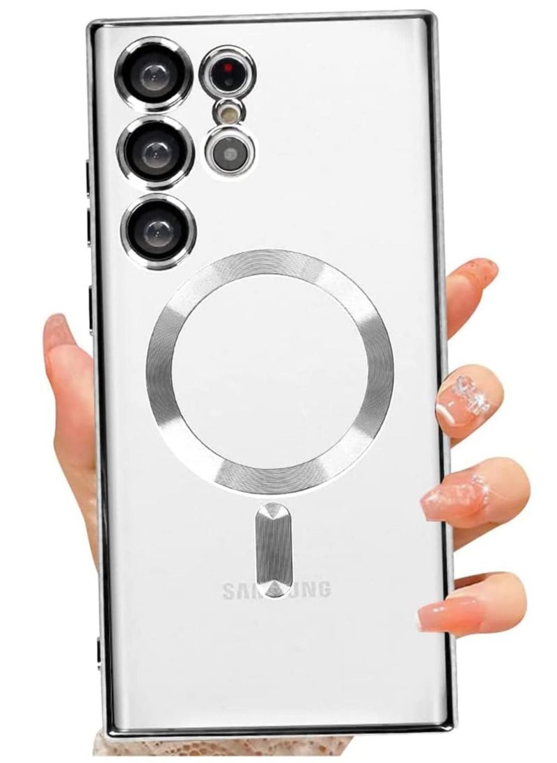 Raxoom Magnetic Clear Case for Samsung Galaxy S23 Ultra 5G with Camera Lens Protector, Compatible with MagSafe, Electroplated Slim Shockproof Phone Protective Cover for Women Men (Silver) - Image 1