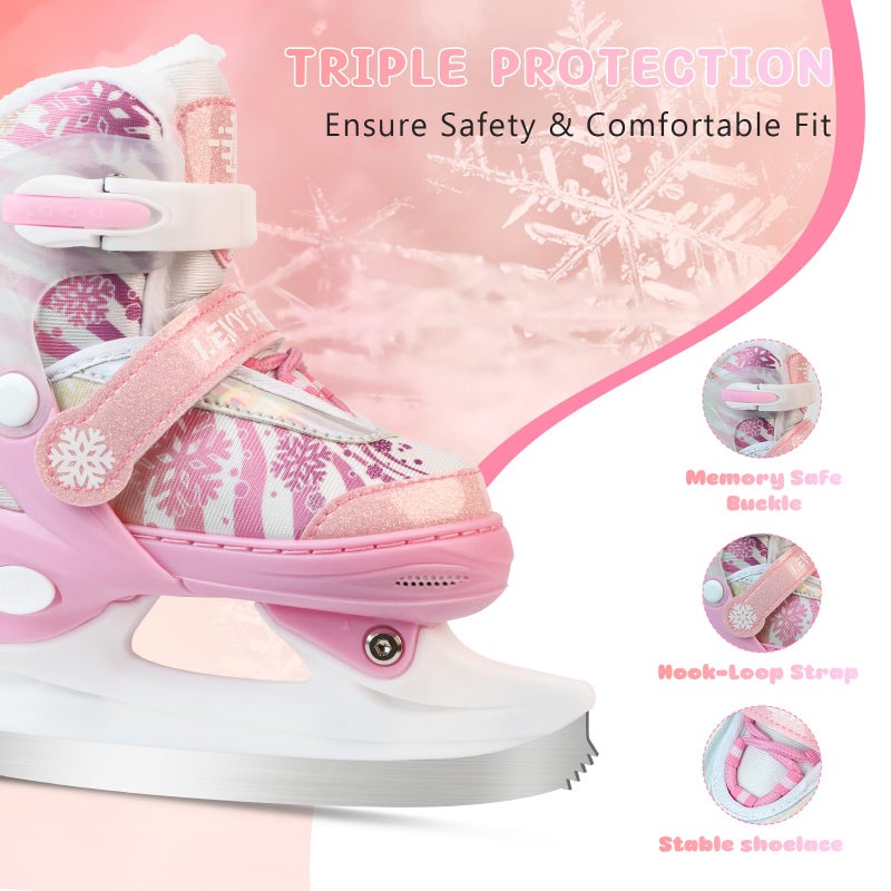 LEVYTEMP Adjustable Ice Skates for Kids Boys Girls - Warm Fleece Lined, 4 Size Adjustable Beginner Snowflake Blades Ankle Support Figure Skates for Outdoor and Rink,Pink - Image 3