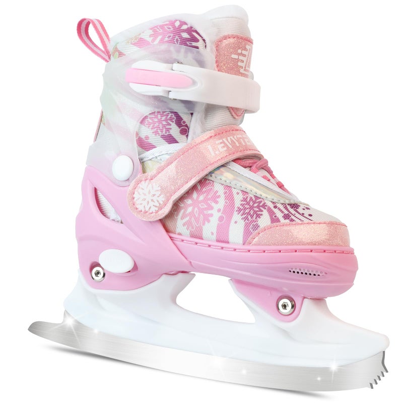LEVYTEMP Adjustable Ice Skates for Kids Boys Girls - Warm Fleece Lined, 4 Size Adjustable Beginner Snowflake Blades Ankle Support Figure Skates for Outdoor and Rink,Pink - Image 1