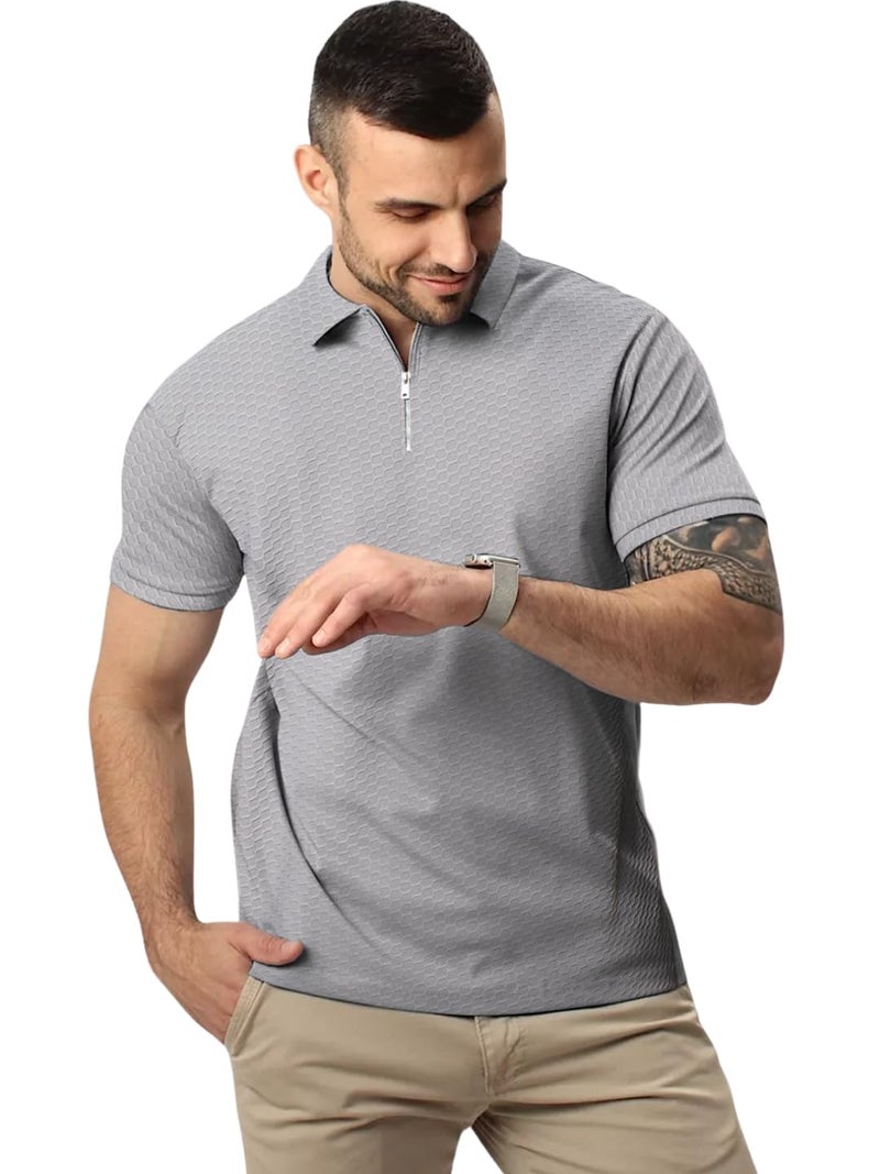 LEOTUDE Men's Stylist Polo Collor Zipper Neck Regular Fit Cottonblend Half Sleeve Solid Combo Tshirts for Mans(P89_Grey_C1_P_Multi_XL) - Image 2