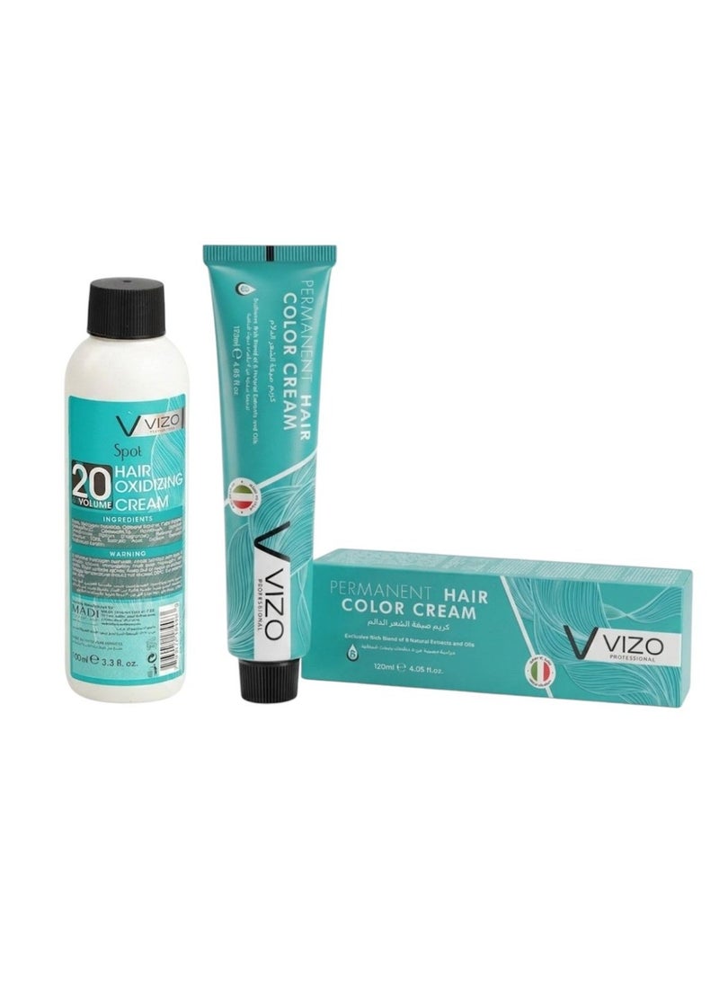 Vizo Professional Permanent Hair Color Cream Set - 120ml Hair Color Cream No. 1.0 Natural Black Enriched with 8 Natural Extracts and Oils Plus 100ml Hair Oxidizing Cream 20 Volume 6% - Image 1