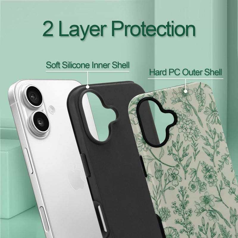 SOKAD Magnetic Sage Floral Phone Case for iPhone 16 Plus, Vintage Green Flower Pattern Compatible with Magsafe Matte Protective Case Cover with Screen Protector for Girls Women - Image 3