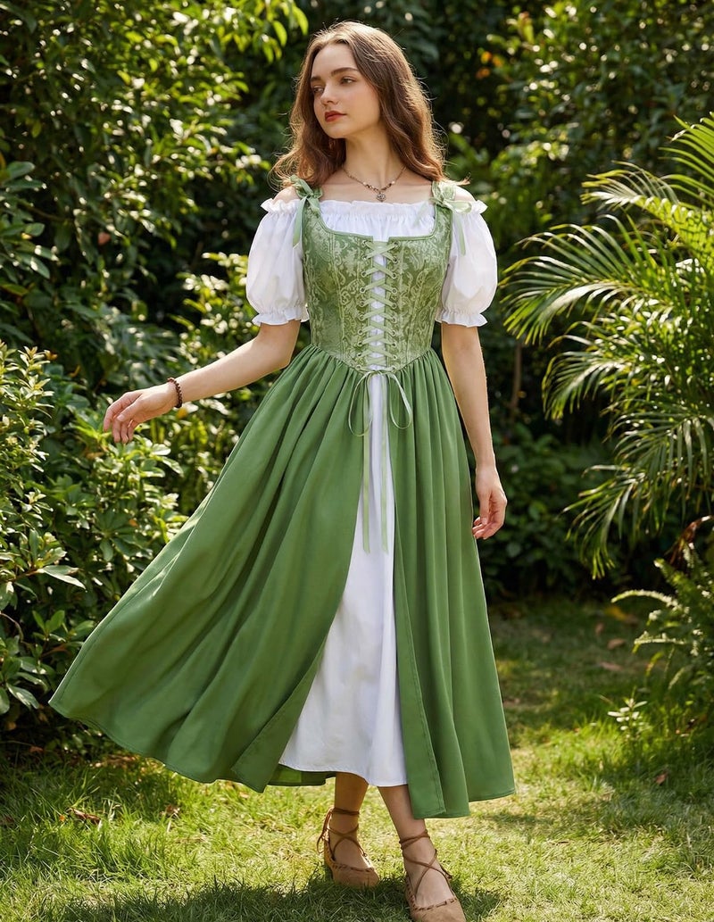 Scarlet Darkness Renaissance Costume Women Medieval Corset Dress Puff Sleeve Fairy Dress Green Size 16 - Image 4