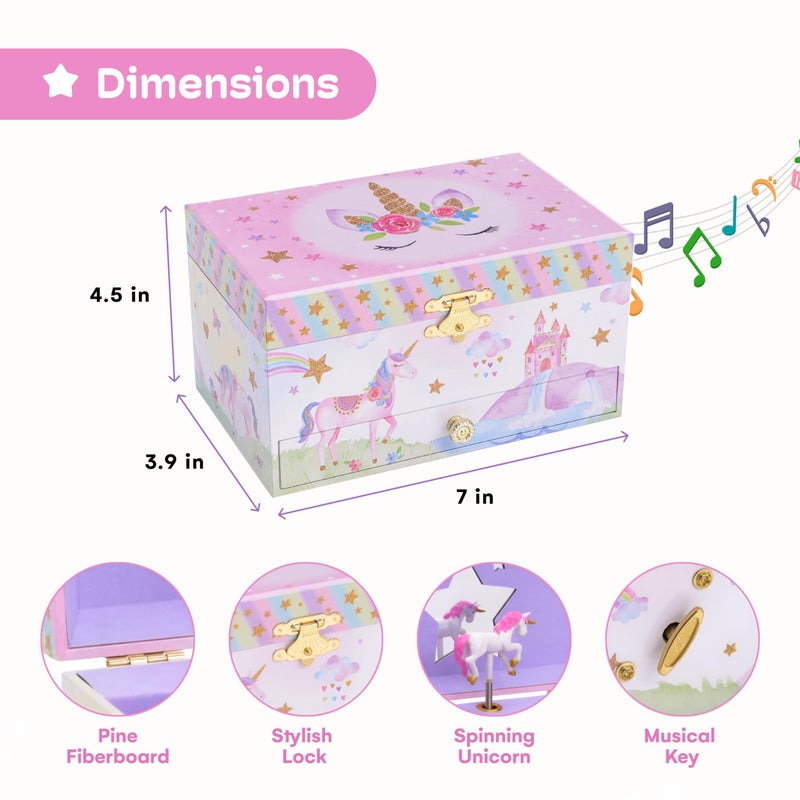 JewelKeeper صندوق مجوهرات جويل كيبر للفتيات - صندوق مجوهرات للأطفال مع 1 درج - صندوق مجوهرات خشبي - صناديق مجوهرات موسيقية على شكل يونيكورن، لحن الحالم الجميل - هدايا رائعة للفتيات بعمر 5 سنوات - Image 3